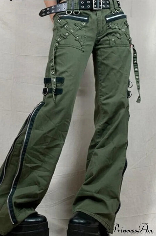 Punk Flared Low Waist Zipper Split Cargo Pants Army Green / S