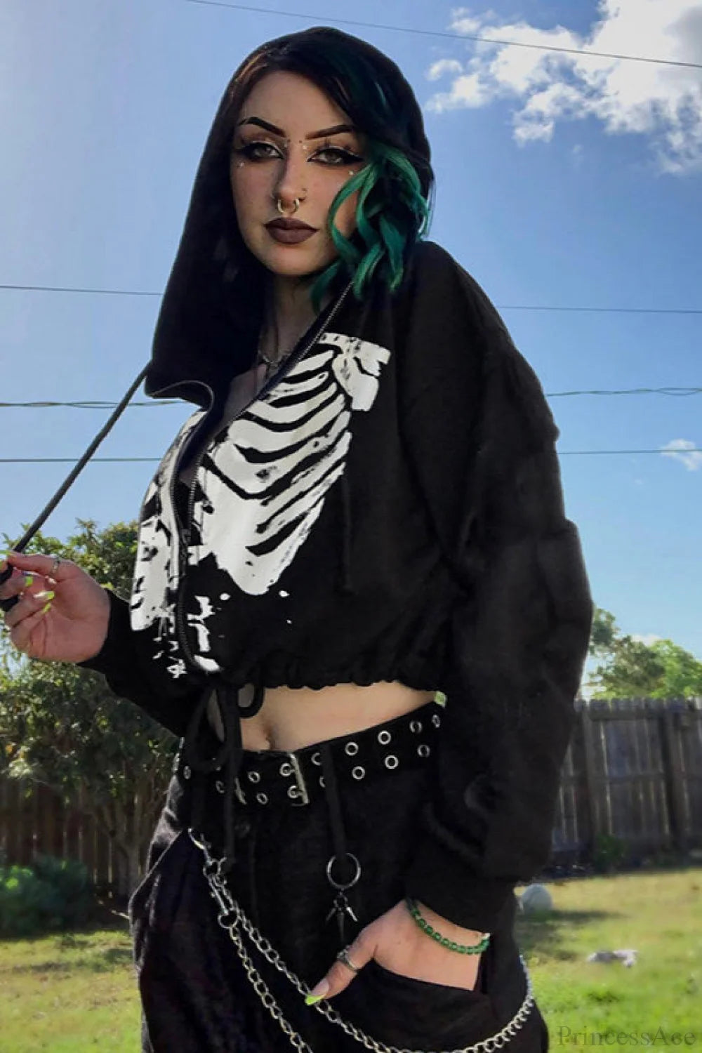 Punk Skeleton Print Cropped Hoodie
