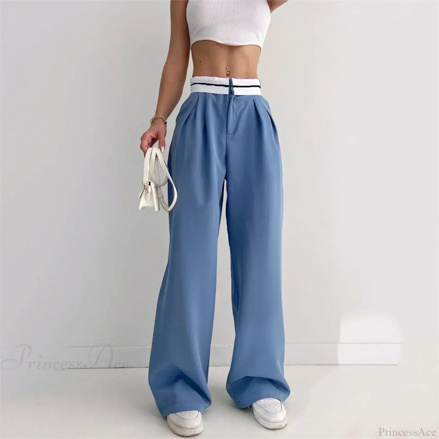Pure Color High Waist Slim Pants Blue / S