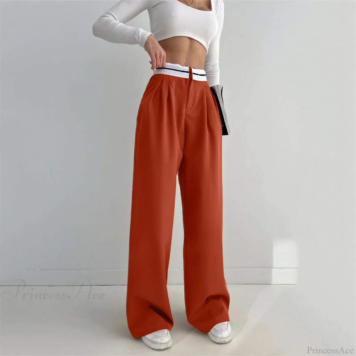 Pure Color High Waist Slim Pants Brown / S