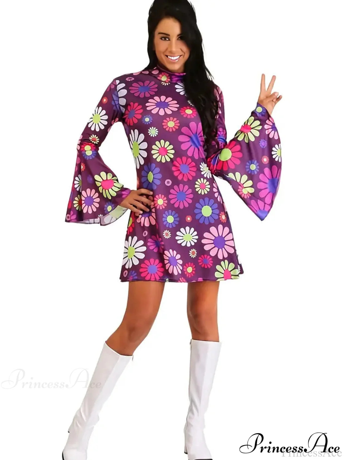 Purple Floral Flared Long Sleeve Party Dress S / Purple High Neck Maxi Dress