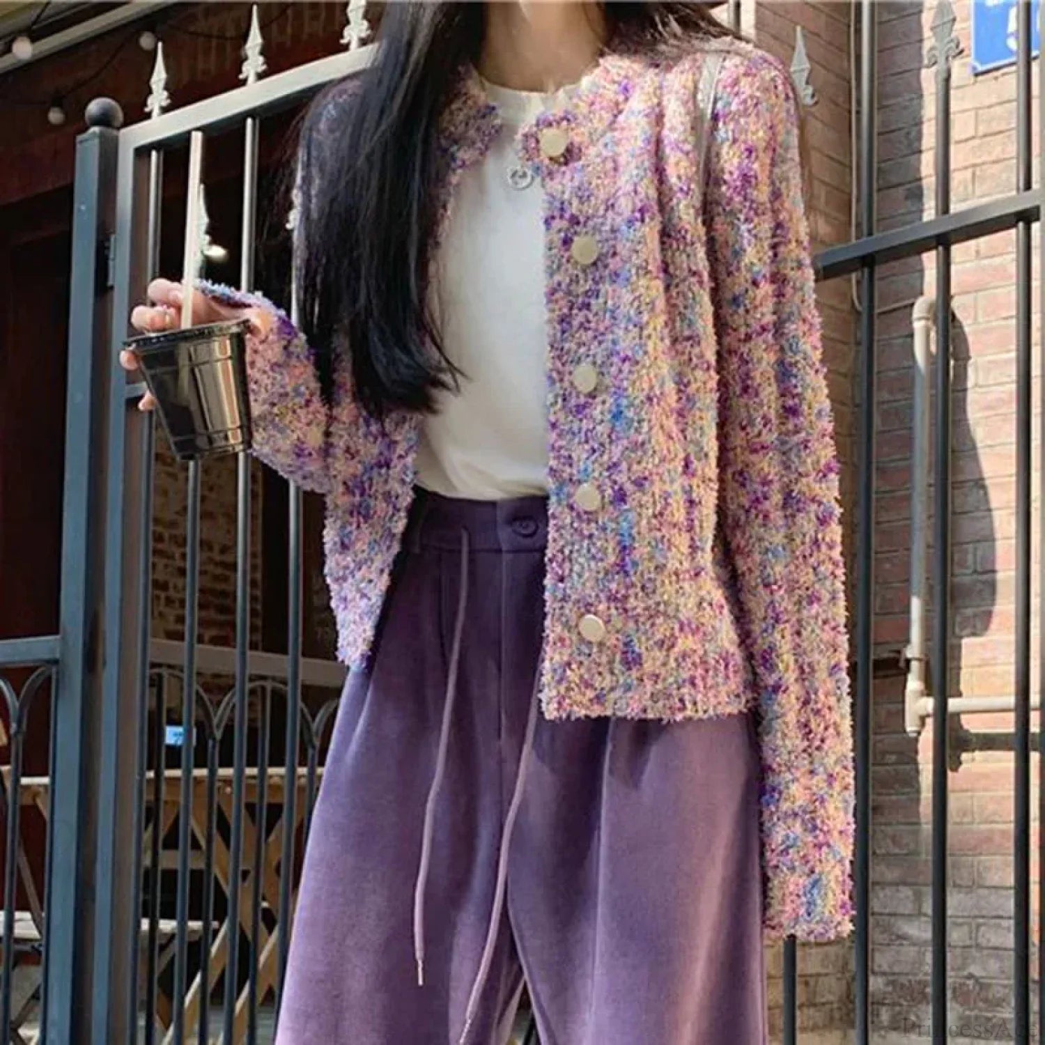 Purple Floral Lazy Wind Loose Knit Cardigan cardiagn-250126