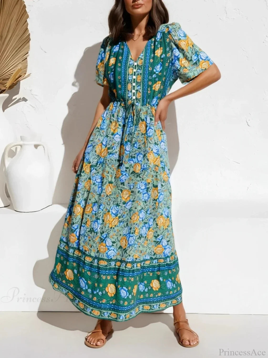 Purple Floral Print Button V-neck Pleated Rayon Vacation Maxi Boho Dress Green / S bohodress-250126