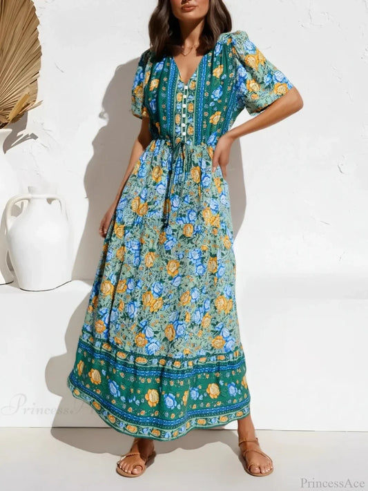 Purple Floral Print Button V-neck Pleated Rayon Vacation Maxi Boho Dress Green / S bohodress-250126