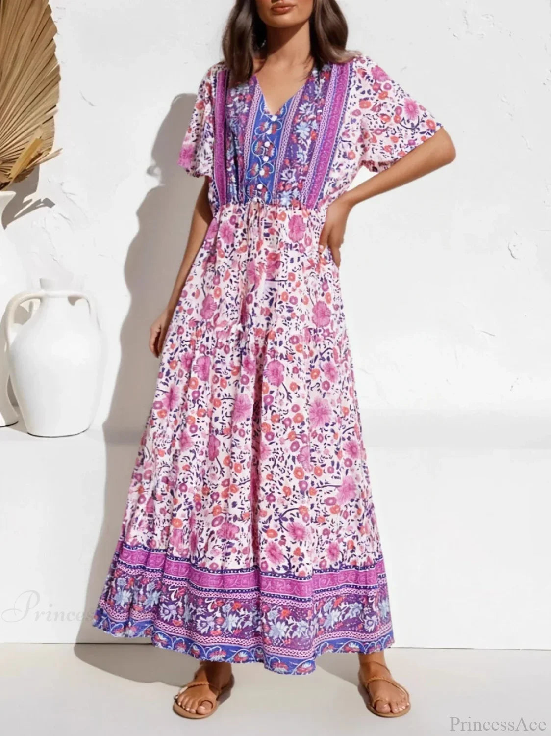 Purple Floral Print Short Sleeve Tassel Ruffles Rayon Maxi Boho Dress purple / S bohodress-250126