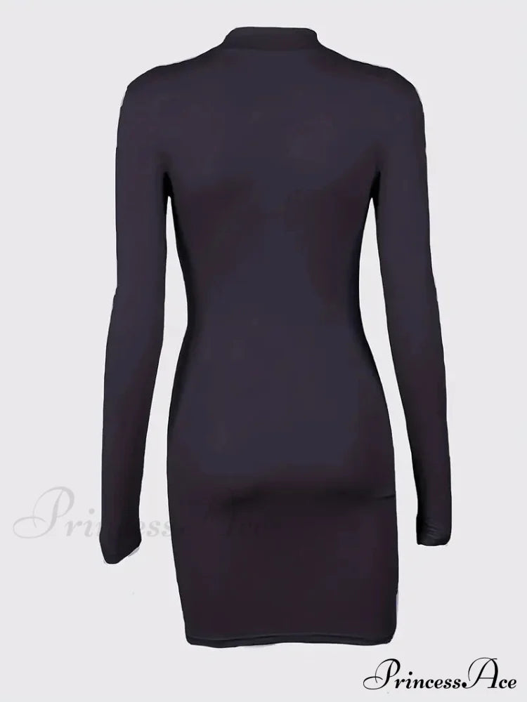 Purple High Neck Long Sleeve Bodycon Dress With Drawstring M / Burgundy Purple Long Sleeve Bodycon