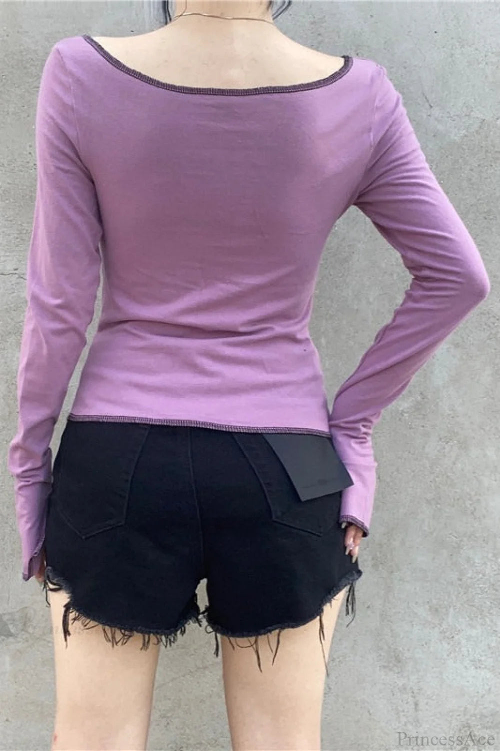 Purple Sexy Color Block Cutout Crew Neck Long Sleeve Tee