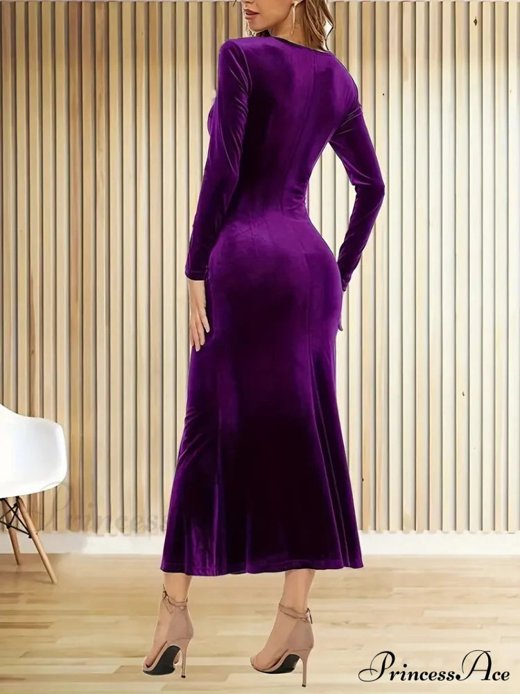 Purple Velvet Long Sleeve V-Neck Wrap Dress M / Blue Black Green Burgundy