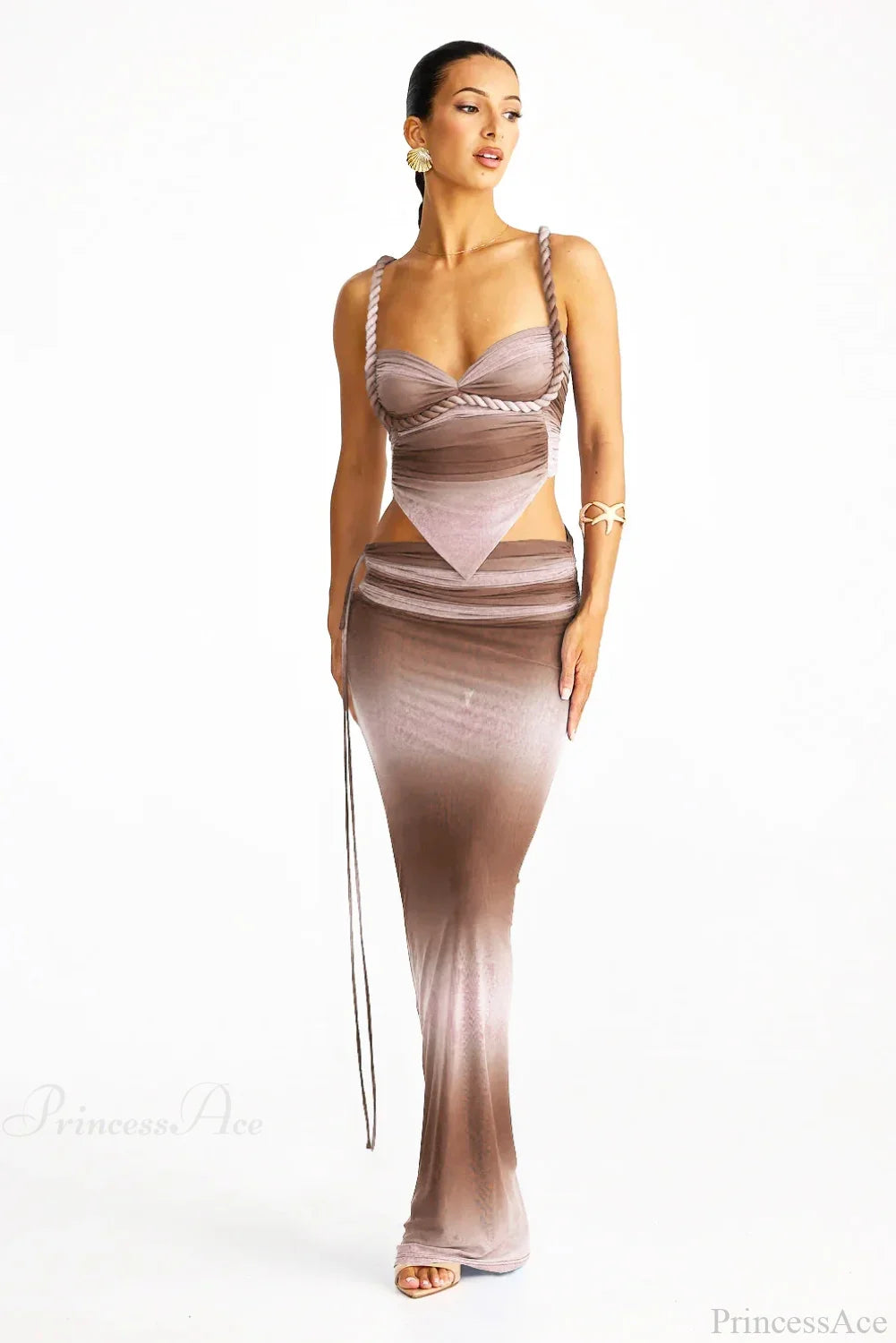 Push Up Backless Gradient Three Piece Swimsuit brown / S