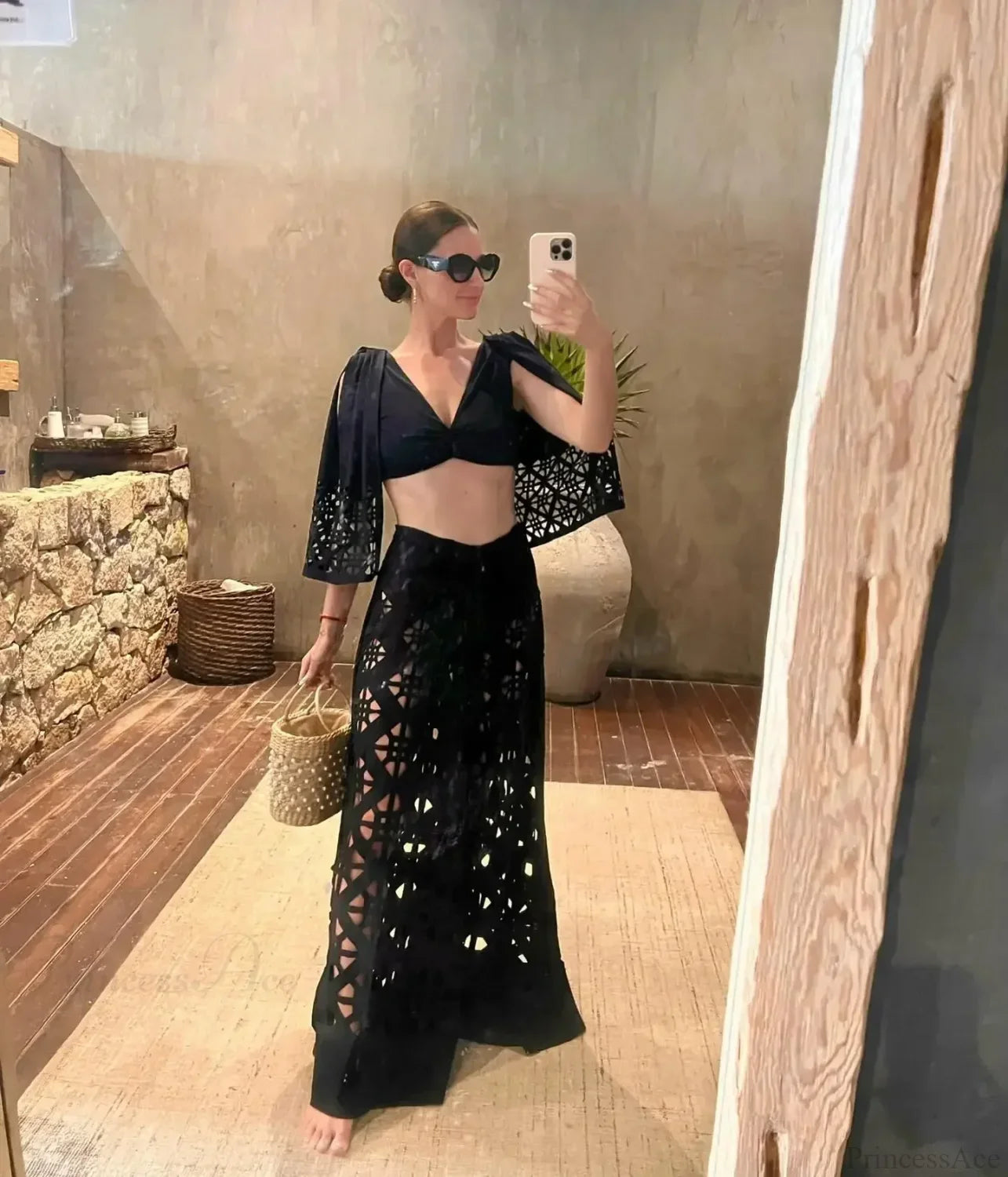 Push Up Bikini Set with Linen Three Piece Swimsuit Black1 / S