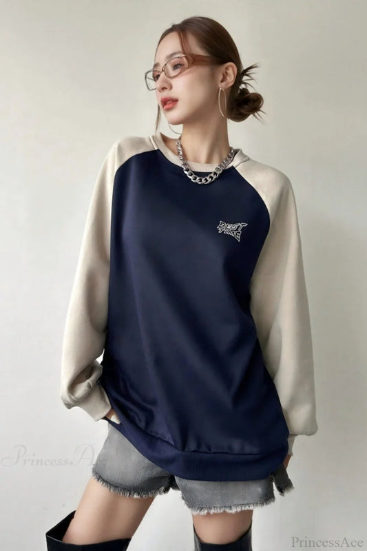 Raglan Sleeve Color Block Crew Neck Relaxed Sweatshirts Blue / S