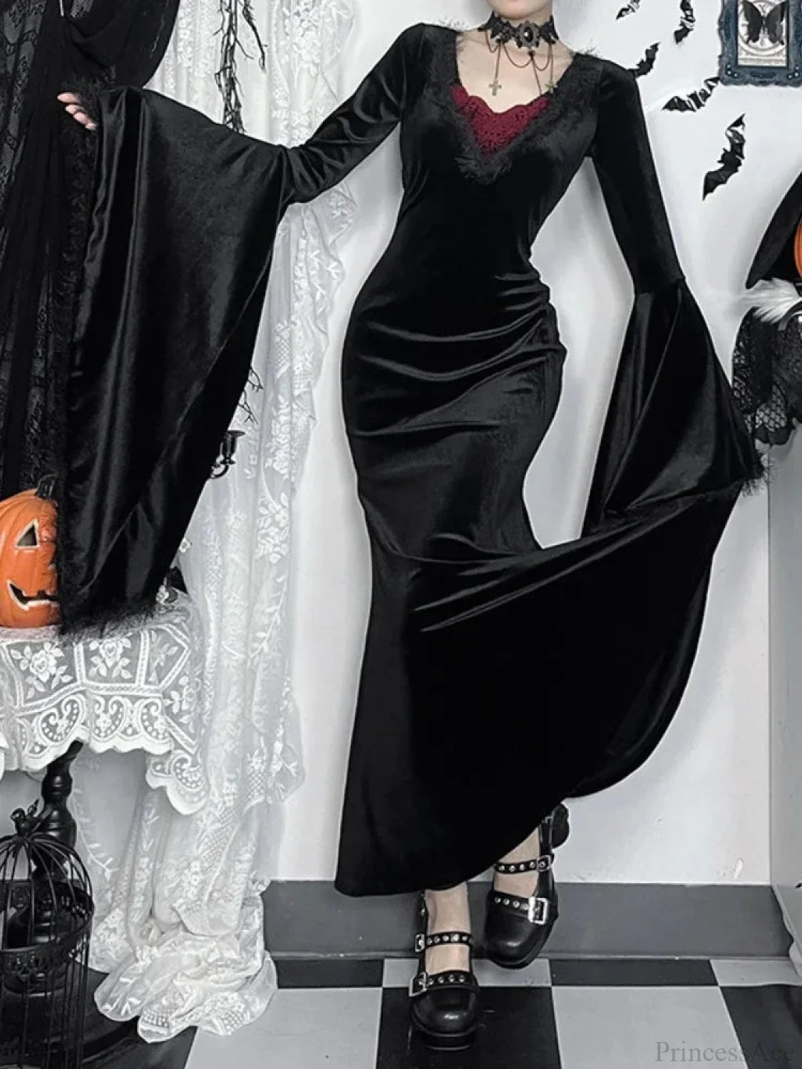 Rearless Plumage Patchwork Full-length Dress Black / XS