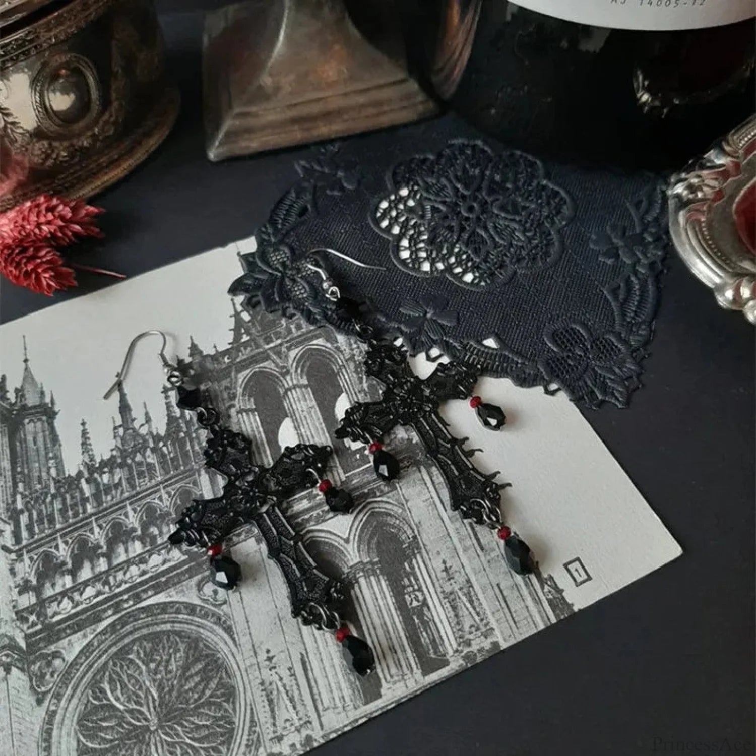 Rebel Celestial Cross Silver Empty Heart Earring black
