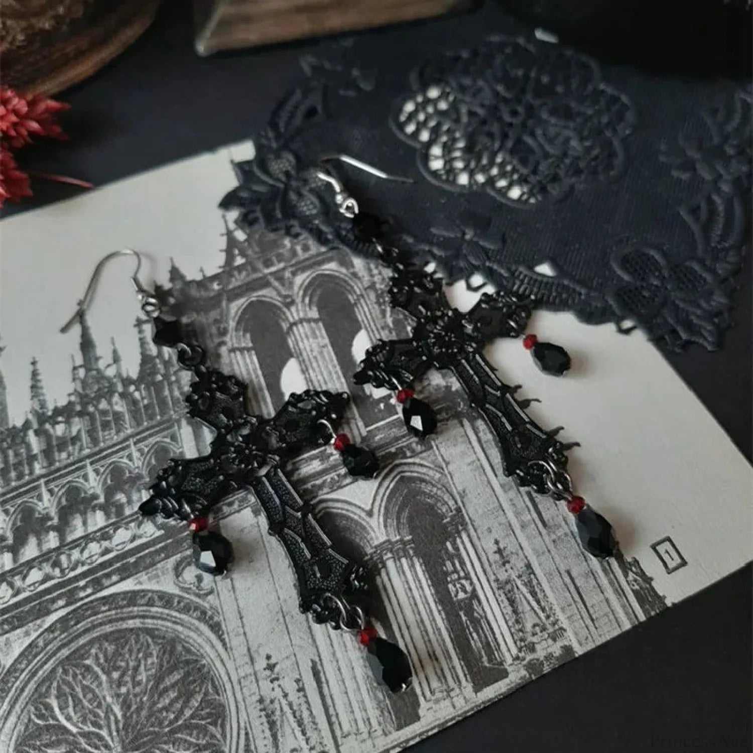 Rebel Celestial Cross Silver Empty Heart Earring black