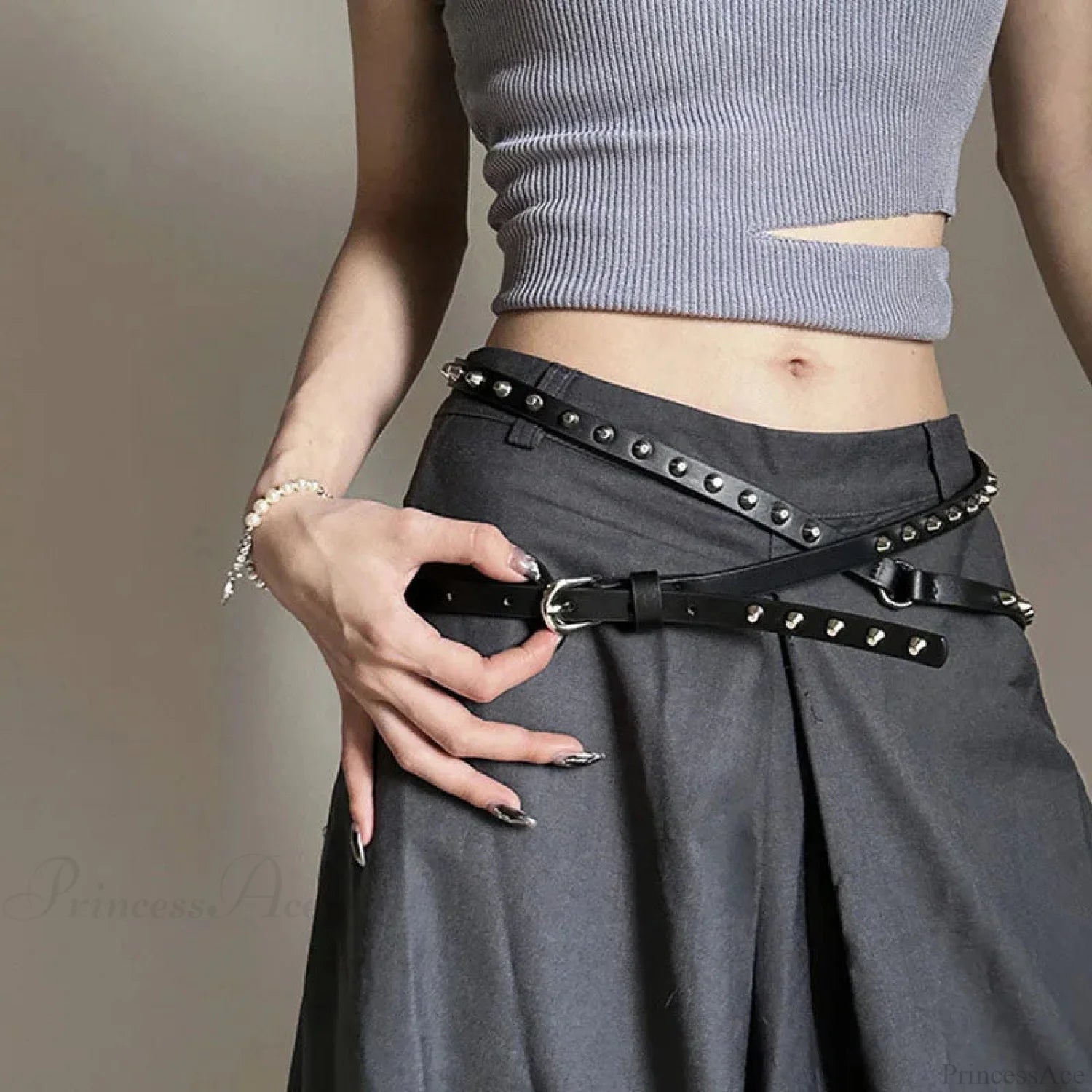 Rebellious Dark Western Double Loop Rivet Belt BLack / 170cm
