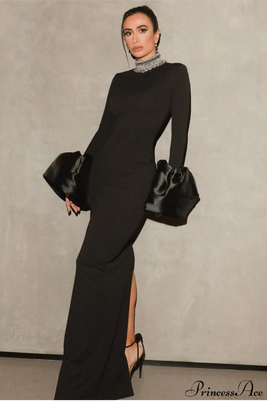 Red Bandage Flared Long Sleeves Party Dress Black / XS