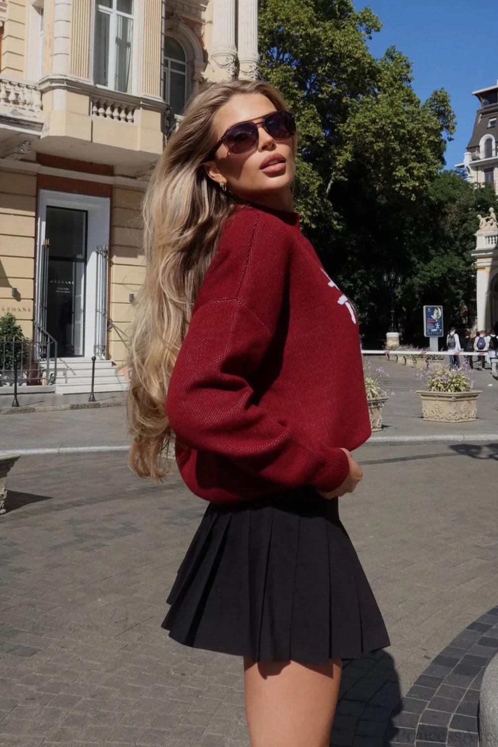 Red Crewneck Long Sleeve Street Letter Sweater