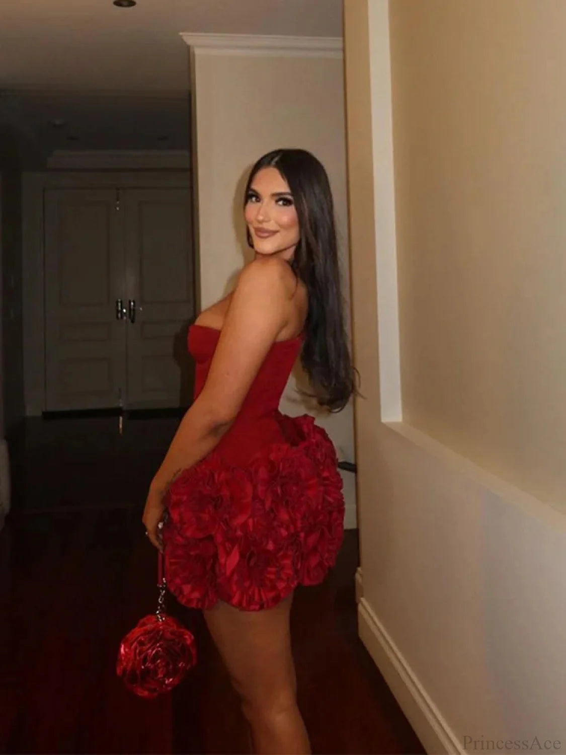 Red Fishbone Bandage 3D Flower Mini Party Dress