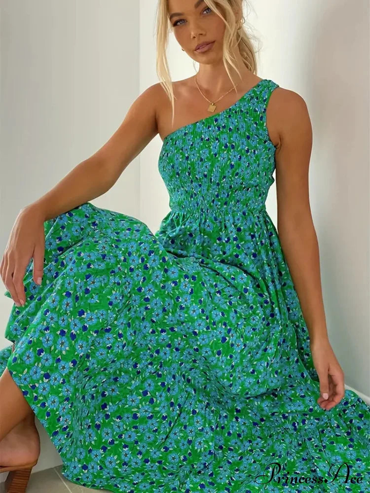 Red Floral One Shoulder Maxi Dress L / Green Red One Shoulder Maxi Dress