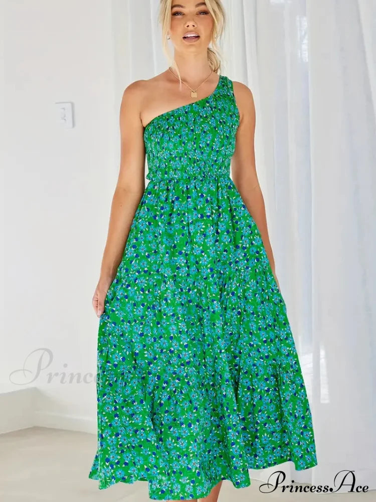 Red Floral One Shoulder Maxi Dress M / Green Red One Shoulder Maxi Dress