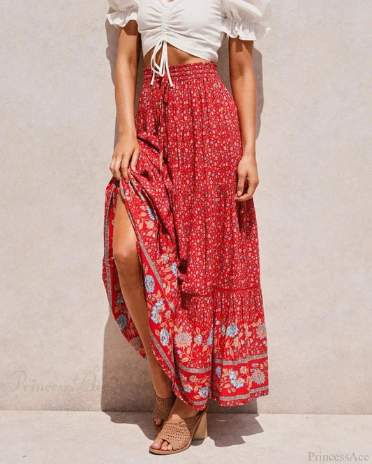 Red Floral Print Beach Bohemian High Waist Rayon Skirt Red / S skirt-250126