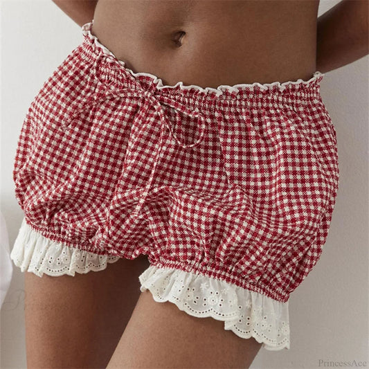 Red Gingham Lace Trim Bloomer Short short-250223