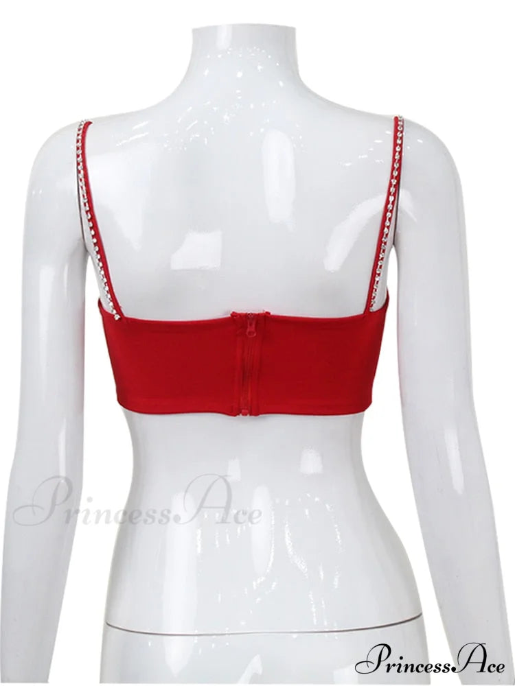 Red Heart Cut Out Graceful Rhinestone Strap Crop Top