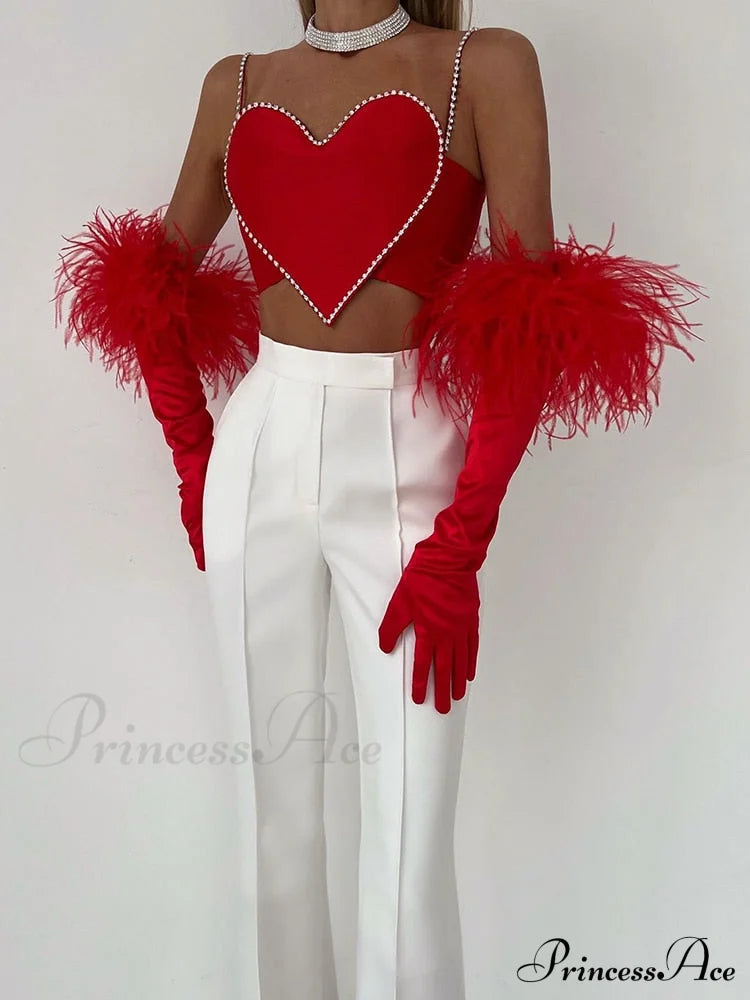 Red Heart Cut Out Rhinestone Strap Crop Top - Free From Label