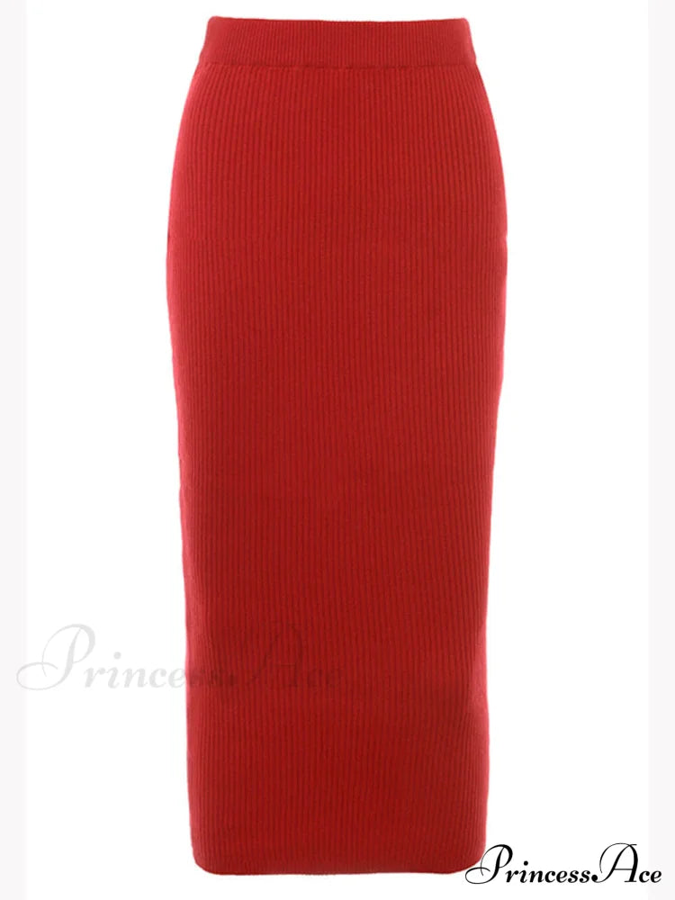 Red Knit-Blend Stylish Maxi Skirt Dresses