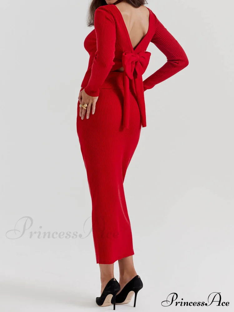 Red Knit-Blend Stylish Maxi Skirt Dresses