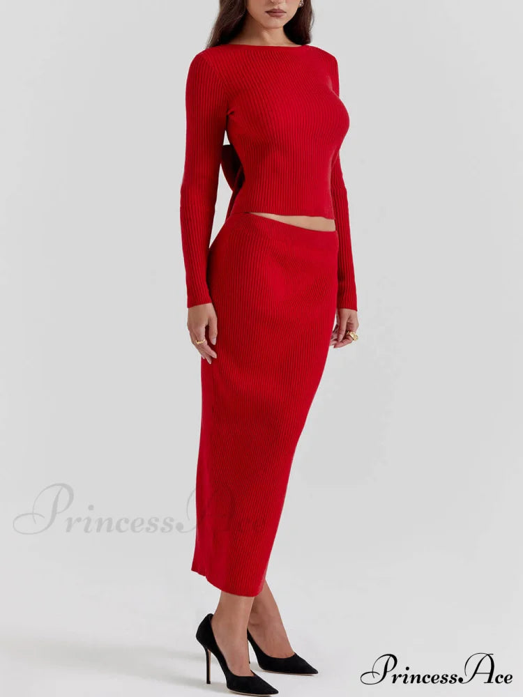 Red Knit-Blend Stylish Maxi Skirt / S Dresses