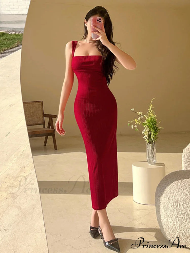 Red Long Bodycon Dress S / Khaki Long Red Bodycon Dress