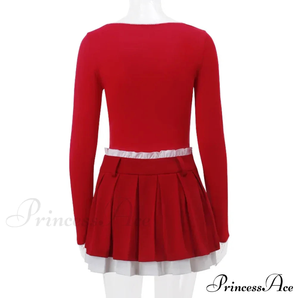 Red Long Sleeve Top Graceful And Pleated Mini Skirt Set