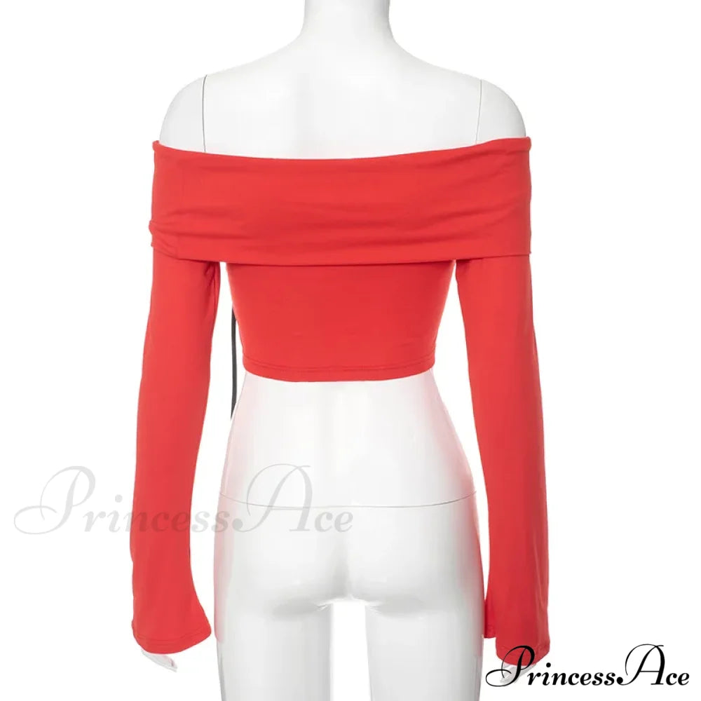 Red Off-Shoulder Bow Charming Long Sleeve Top