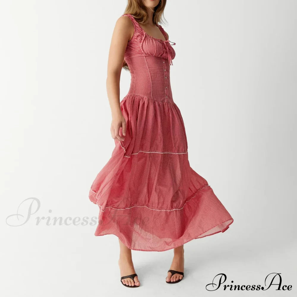 Red Plaid Stylish Maxi Dress