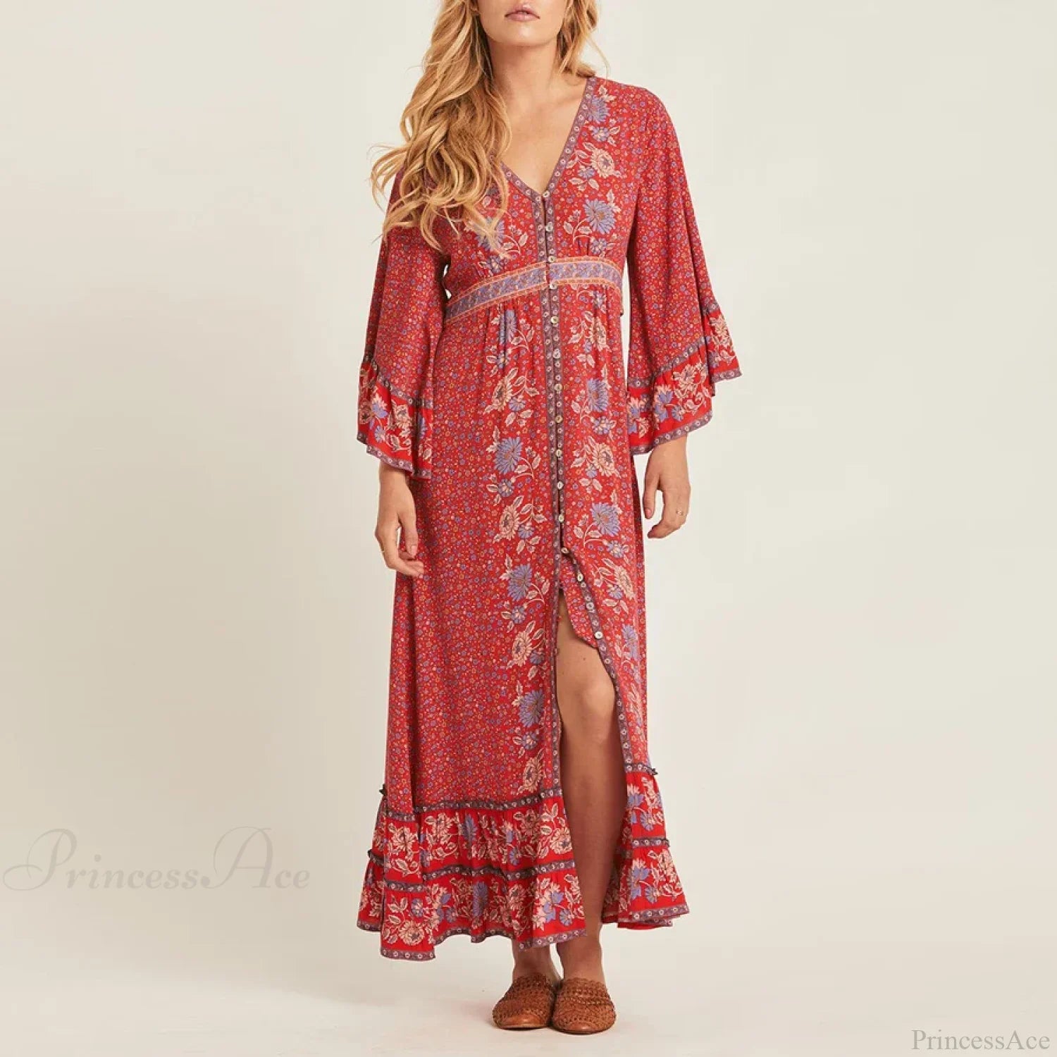Red Rayon Floral Print V-neck Adjustable Belt Boho Dress bohodress-250126