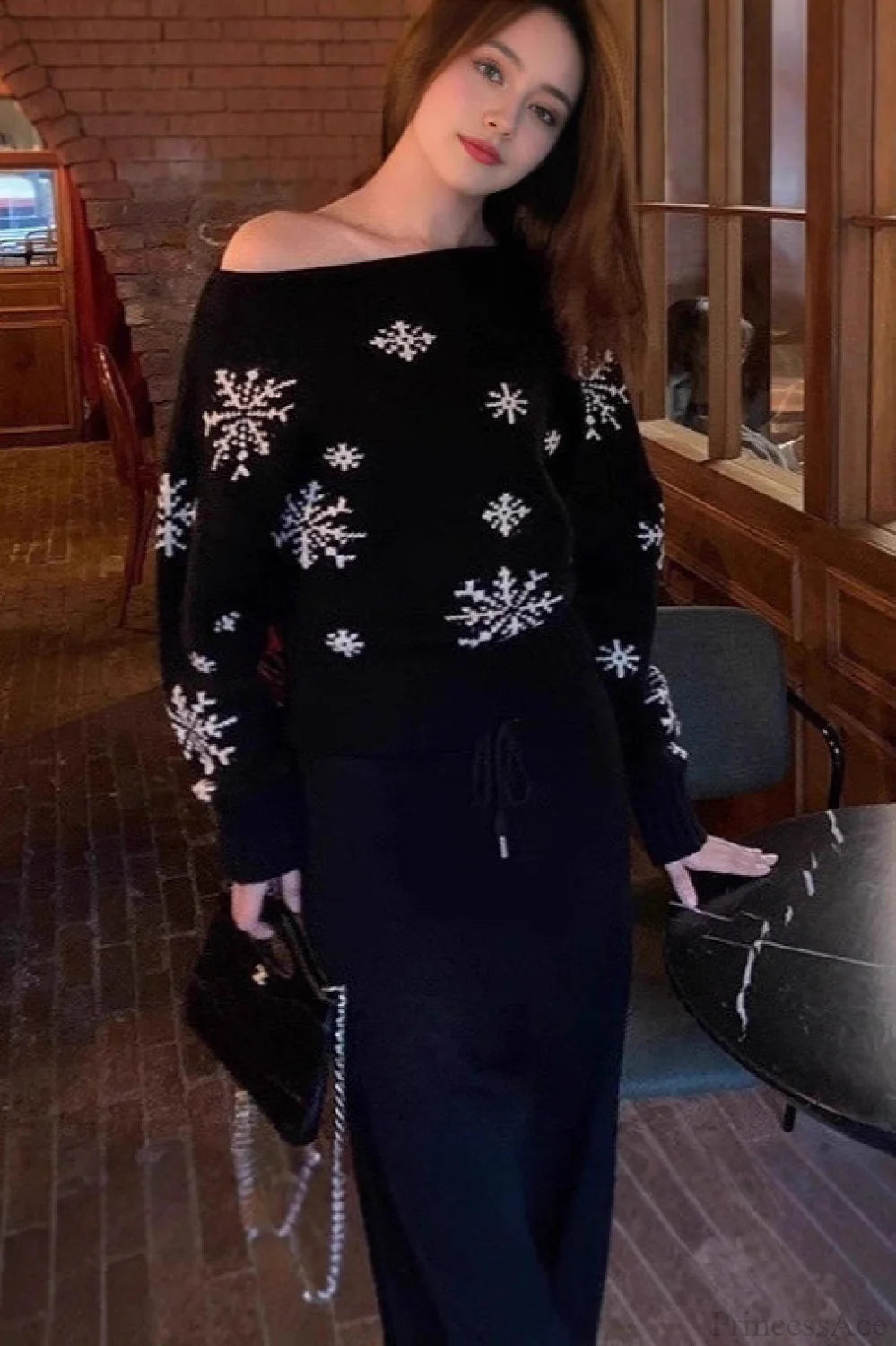 Red Snowflake Christmas Off Shoulder Pullover Sweater Black / XS