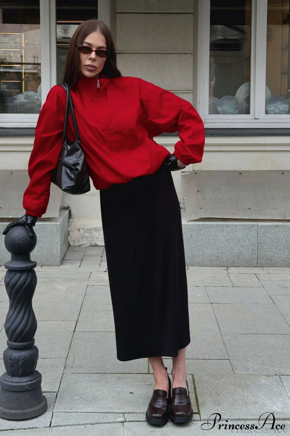 Red Stand Collar Zip Windproof Coat