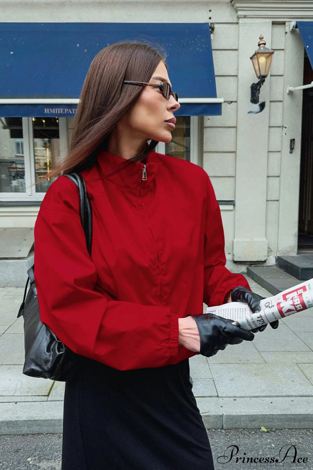 Red Stand Collar Zip Windproof Coat