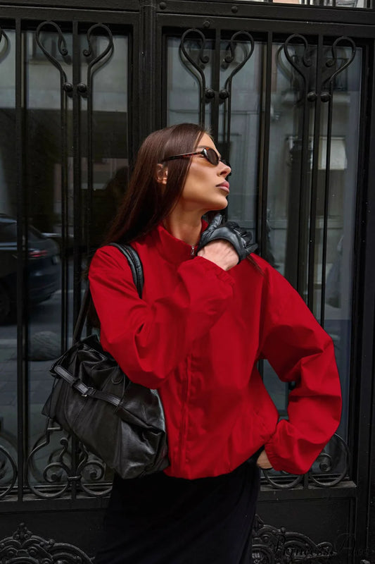 Red Stand Collar Zip Windproof Coat Red / S