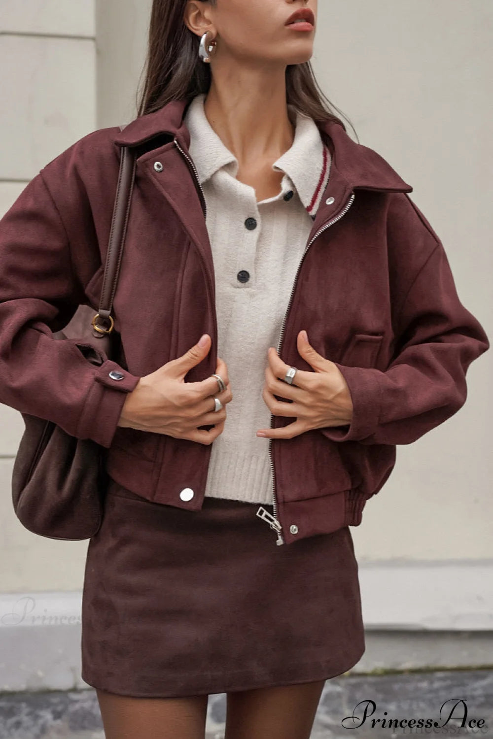Reddish Brown Suede Collared Oversized Retro Coat