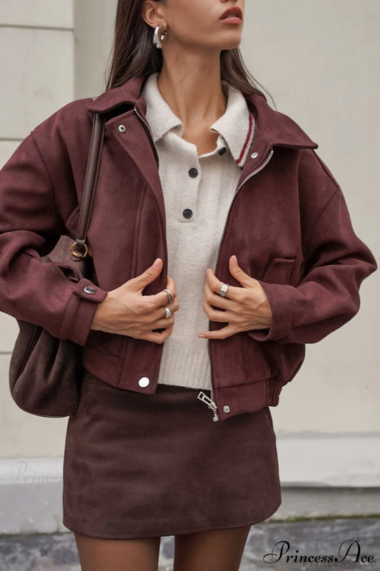 Reddish Brown Suede Collared Oversized Retro Coat