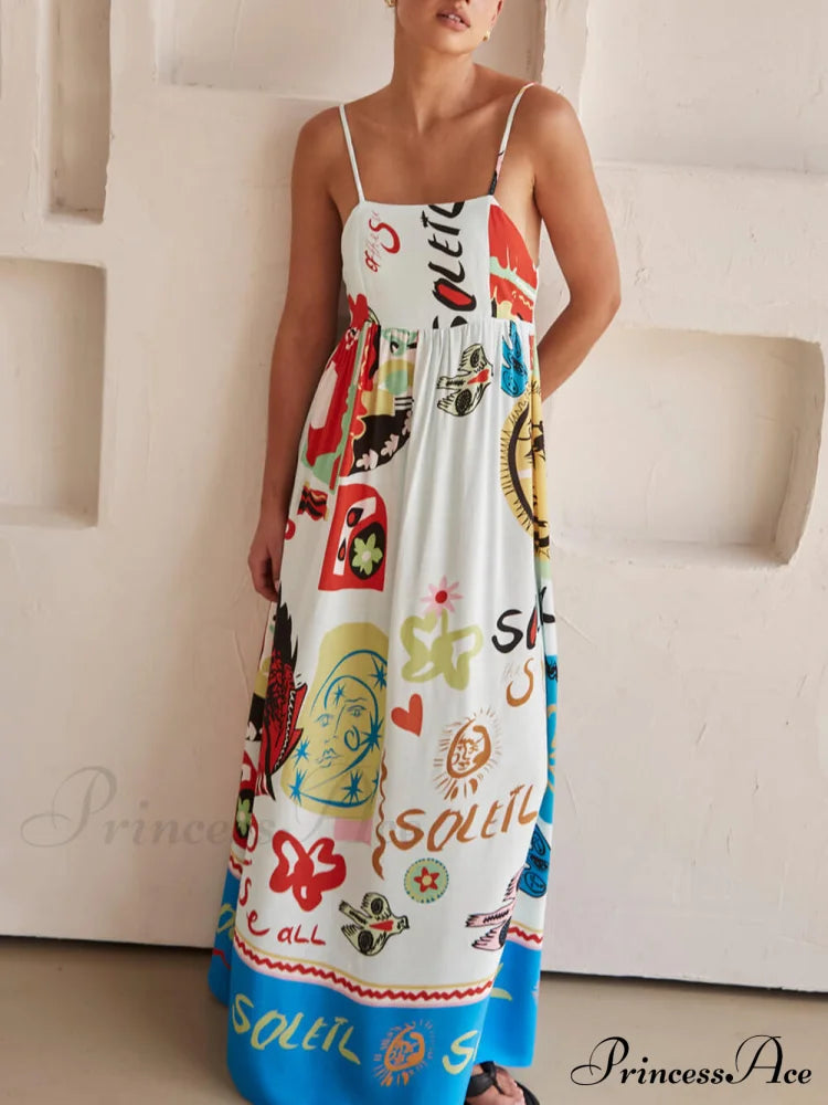 Refined Sensation Satin Charming Unique Print Maxi Dress White / S Dresses