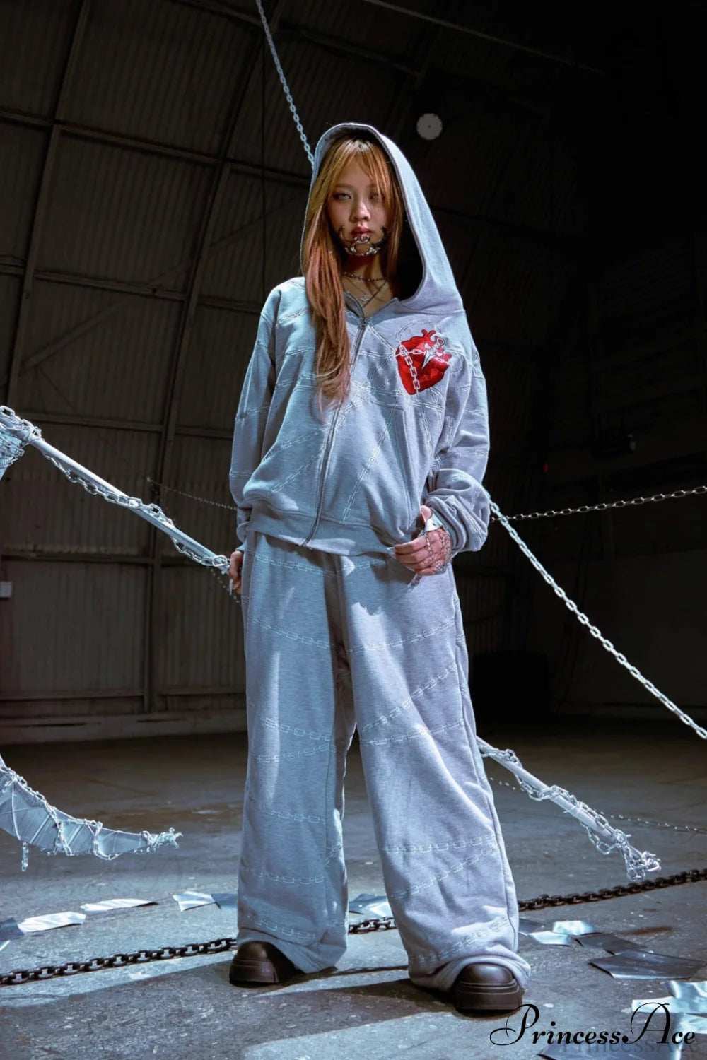 Relaxed Fit Chain Heart 3D Embroidery Print Hoodie