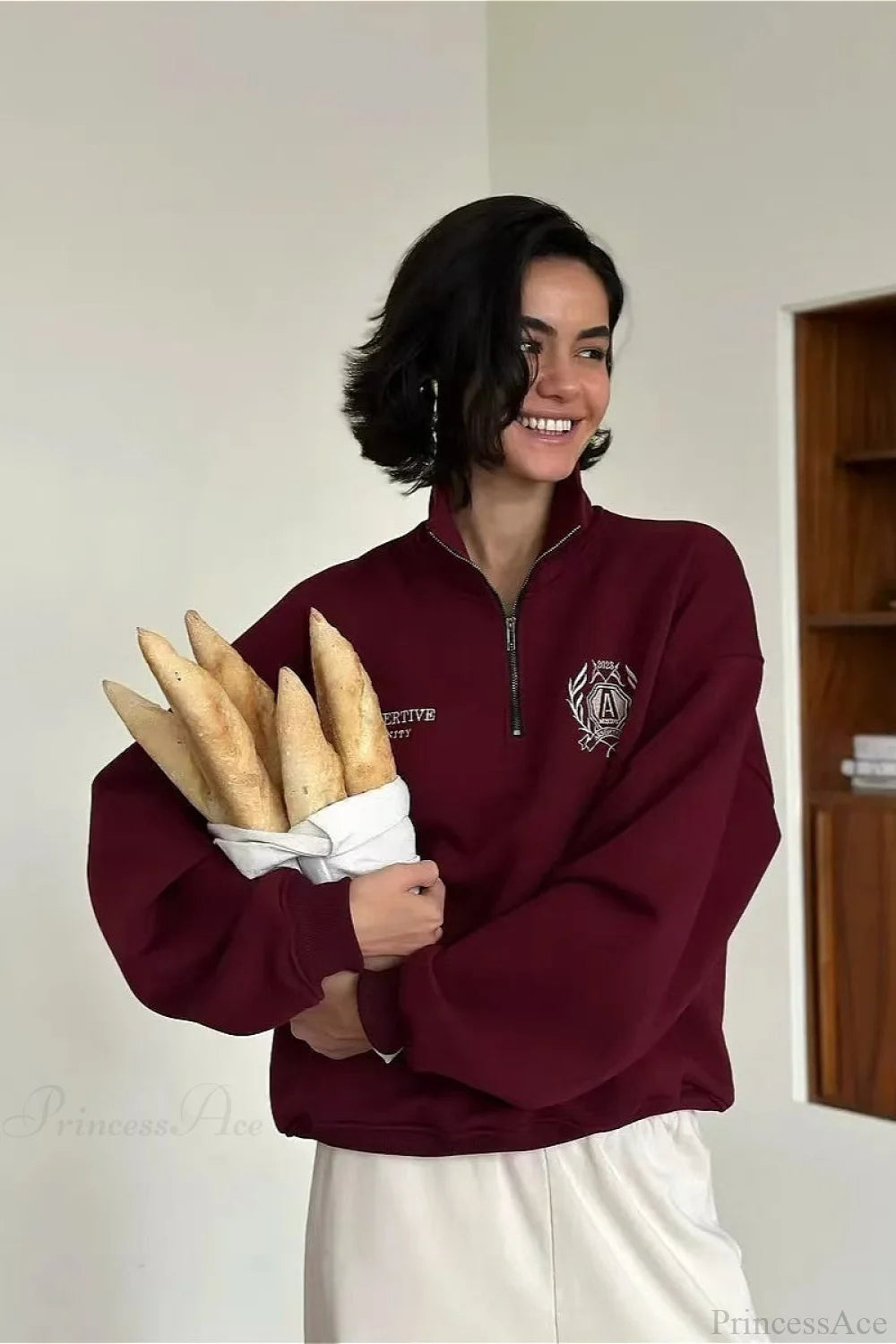 Relaxed Fleece-Lined Half-Zip Stand Collar Convertible Sweatshirts Burgundy / S