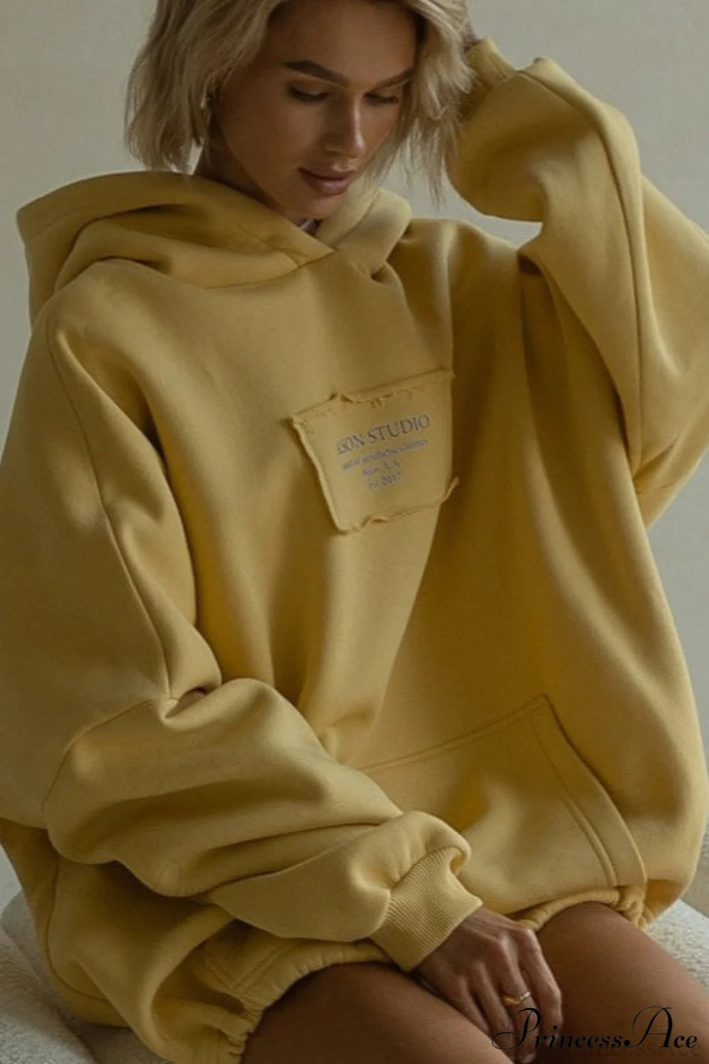 Relaxed Letter Applique Pullover Hoodie Yellow / S
