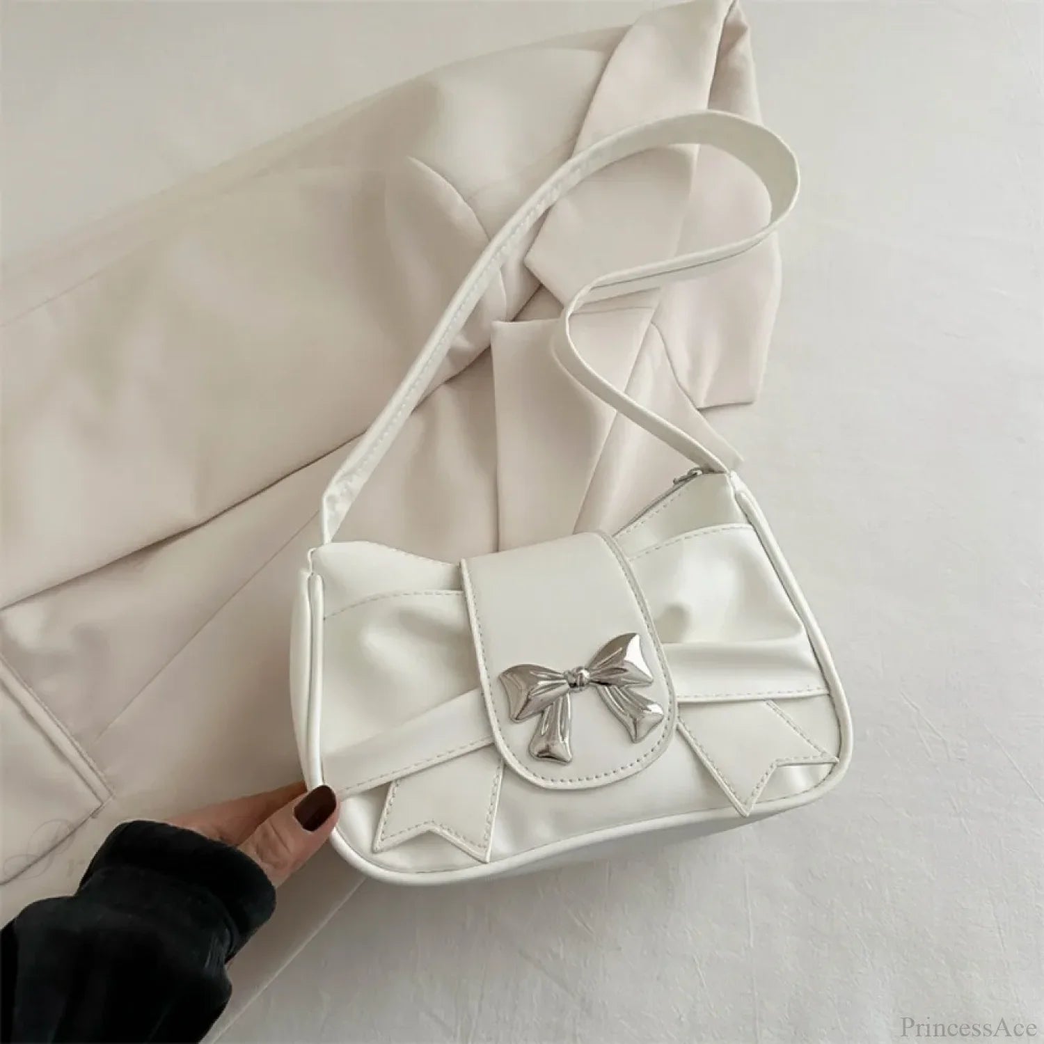 Retro Bow PU Leather Business Shoulder Handbag White shoulder-250126