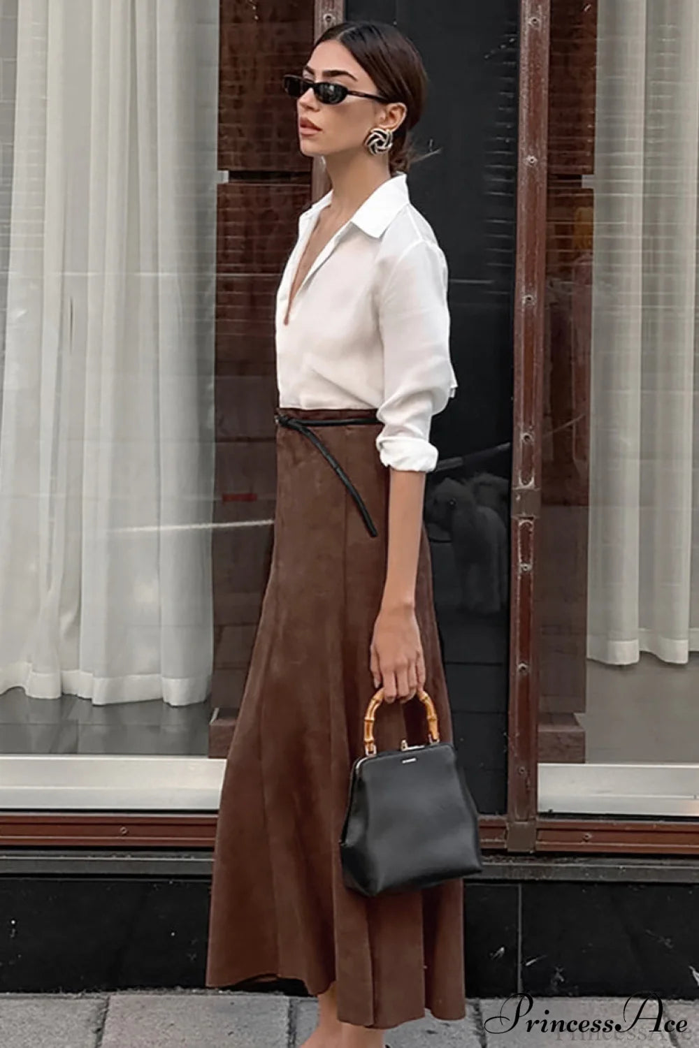 Retro Brown Suede High Waist Maxi Skirt