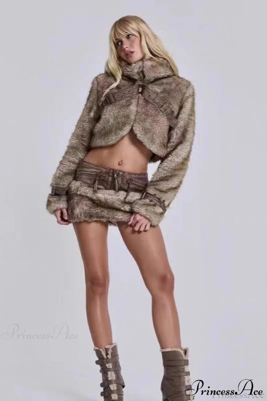 Retro Cropped Turtleneck Faux Fur Warm Jacket