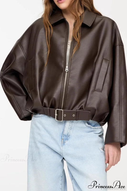 Retro Faux Leather Bomber Jacket Brown / XS